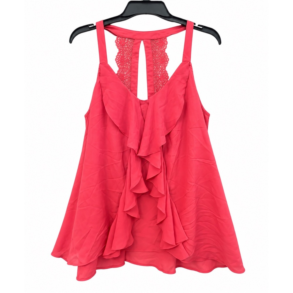 LC Lauren Conrad Pink Ruffle Front Crochet Lace Racerback Tank Top Medium
